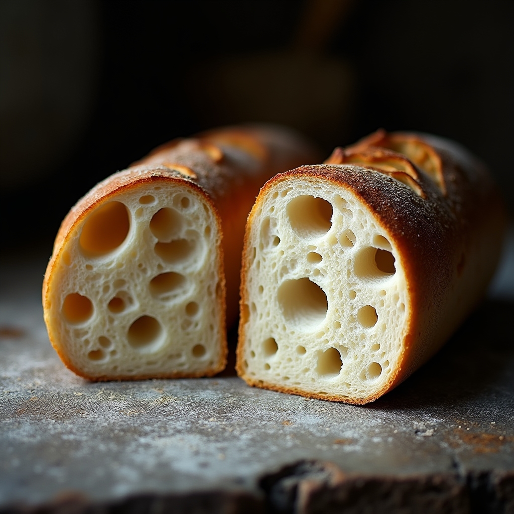 Ciabatta tagliata a metà con mollica piena di grandi alveoli su pietra