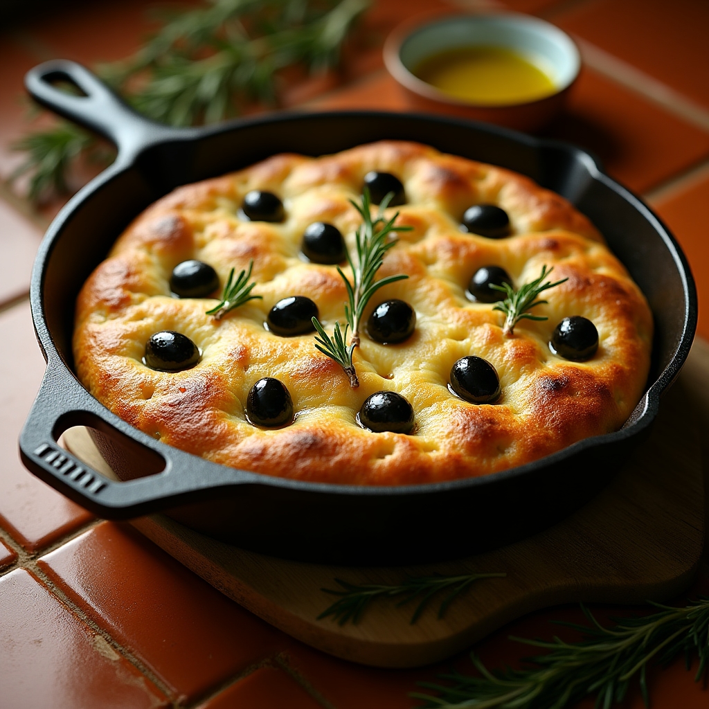 Focaccia soffice con olive e rosmarino in teglia di ferro