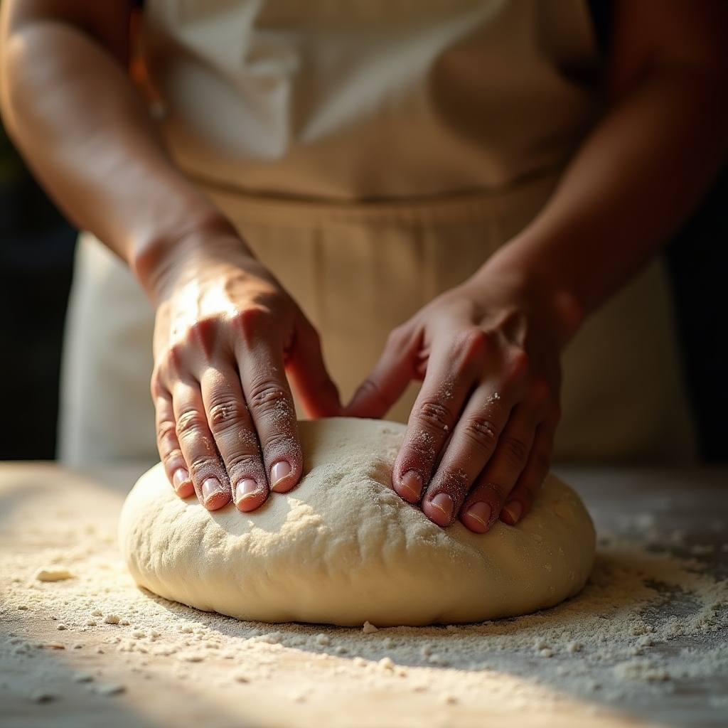 Mani che lavorano l'impasto di pane su superficie infarinata in luce calda