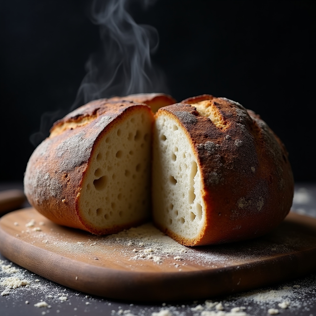 Pagnotta rustica con crosta scura su tagliere di legno